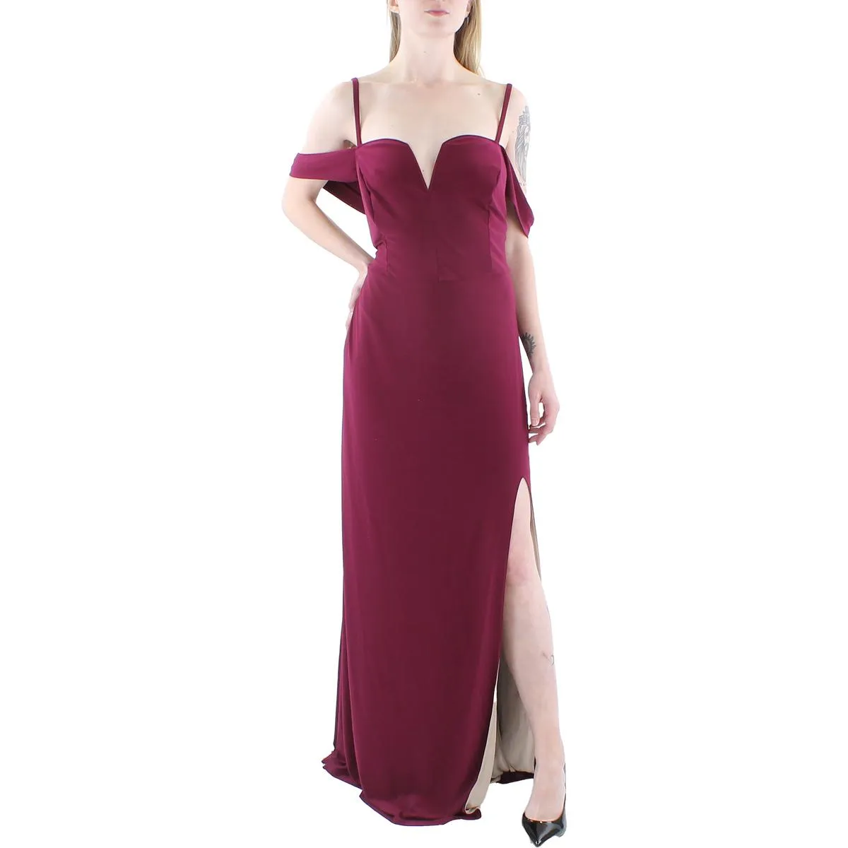 Plus Womens Off-The-Shoulder V-Neck Evening Dress
