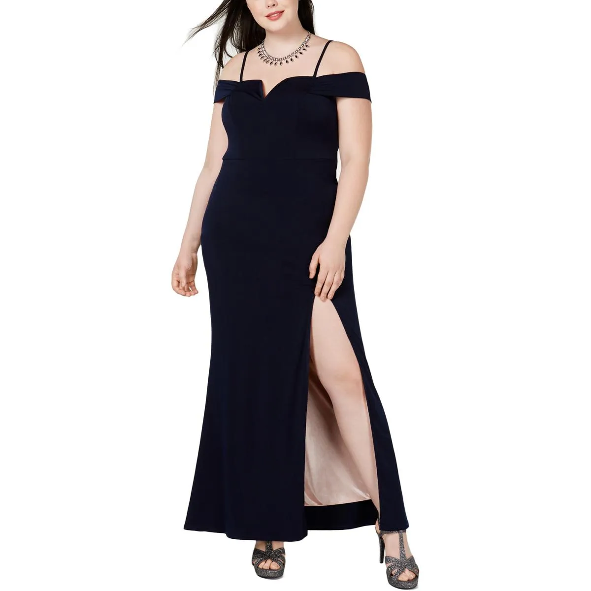 Plus Womens Off-The-Shoulder V-Neck Evening Dress