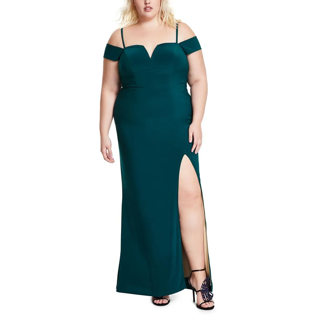 Plus Womens Off-The-Shoulder V-Neck Evening Dress